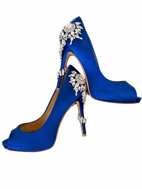 Badgley Mischka Blue Satin Crystal Heels Size 6 Peep Toe Stiletto Pumps